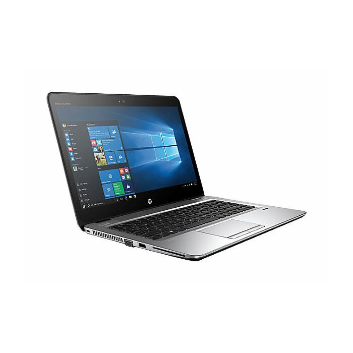 HP laptop with a silver aluminum chassis, black keyboard, and open screen displaying the Windows desktop, shown on a plain white background.