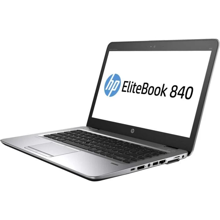 An HP EliteBook 840 laptop shown open at an angle on a plain white background, with the screen displaying the HP logo and 'EliteBook 840' text.