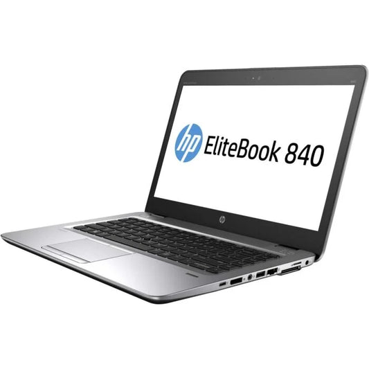 An HP EliteBook 840 laptop shown open at an angle on a plain white background, with the screen displaying the HP logo and 'EliteBook 840' text.