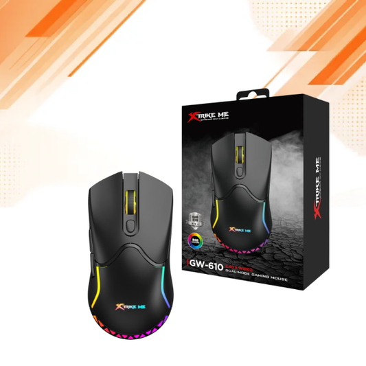 Black Xtrake Me GW-610 wireless gaming mouse shown next to its retail packaging box, featuring RGB rainbow lighting accents.