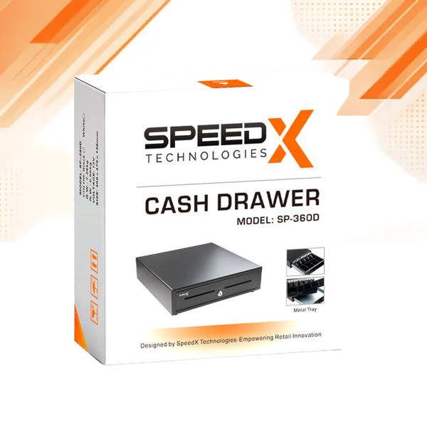 Speed Technologies Cash Drawer Model SP-360D retail drawer in black metal tray, shown in its white retail packaging box with orange accents.
