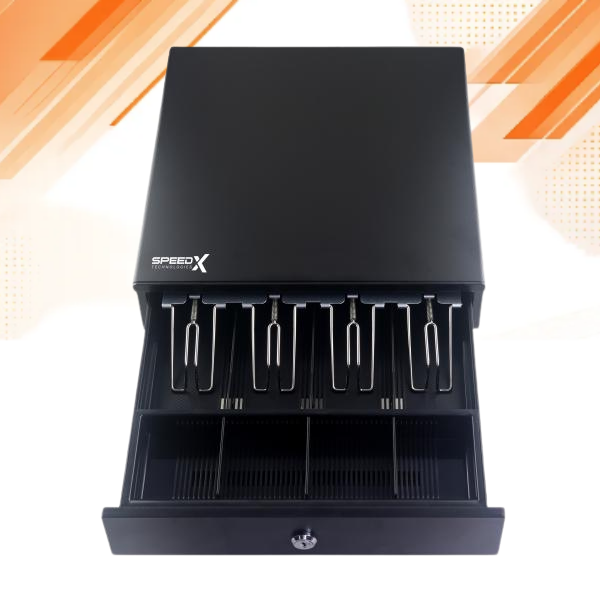 Speed-X SP-320A cash drawer open with bill and coin compartments