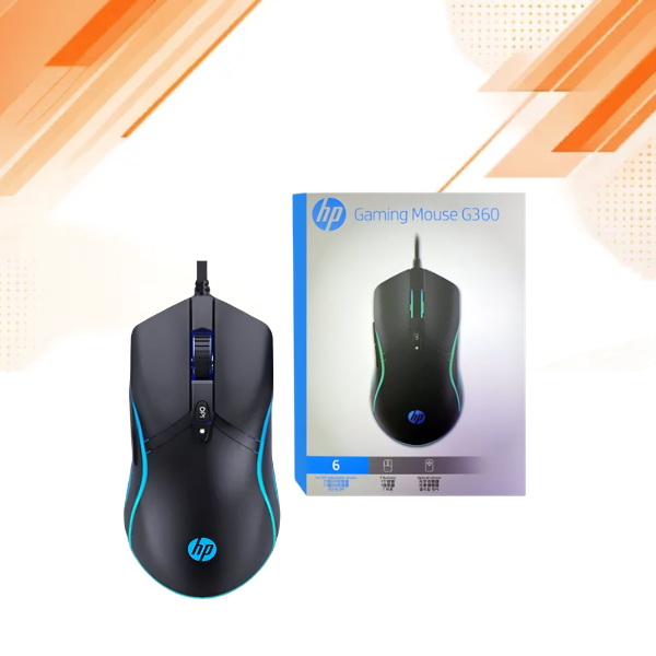 HP Gaming Mouse G360 shown in black with blue LED accents next to its retail packaging box on a white background with orange graphic accents.