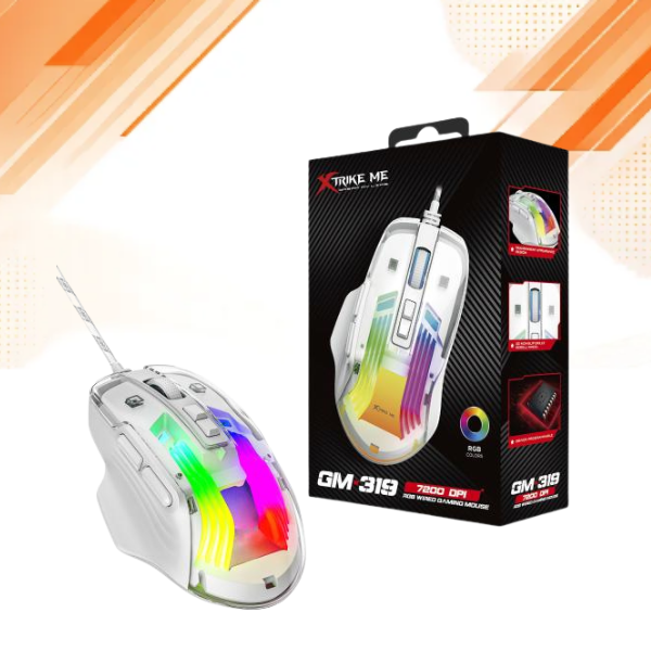 A wireless gaming mouse with RGB rainbow lighting next to its retail packaging box, shown on a white background with orange graphic accents.