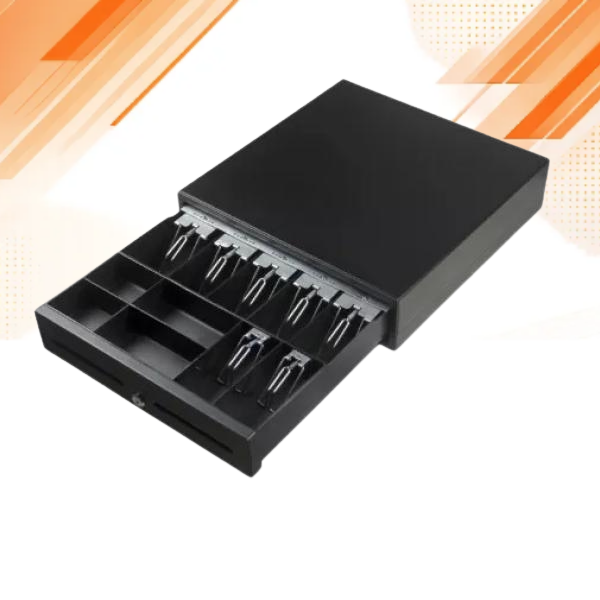 A black plastic cash register drawer with multiple compartments and metal cash registers inserted, shown at an angle on a white background with orange graphic accents.