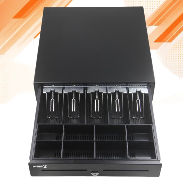 A black Serebix cash register drawer pulled open, showing five cash compartments and internal coin slots, set against a white background with orange graphic accents.