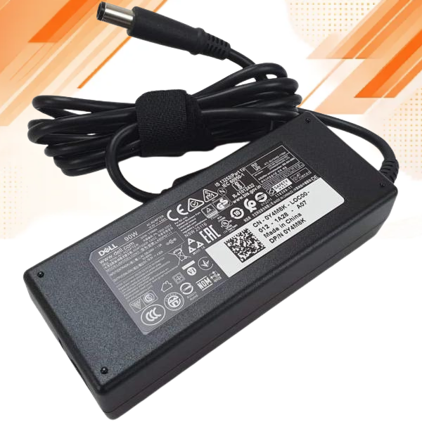Dell 90W slim laptop charger plugged into Dell laptop