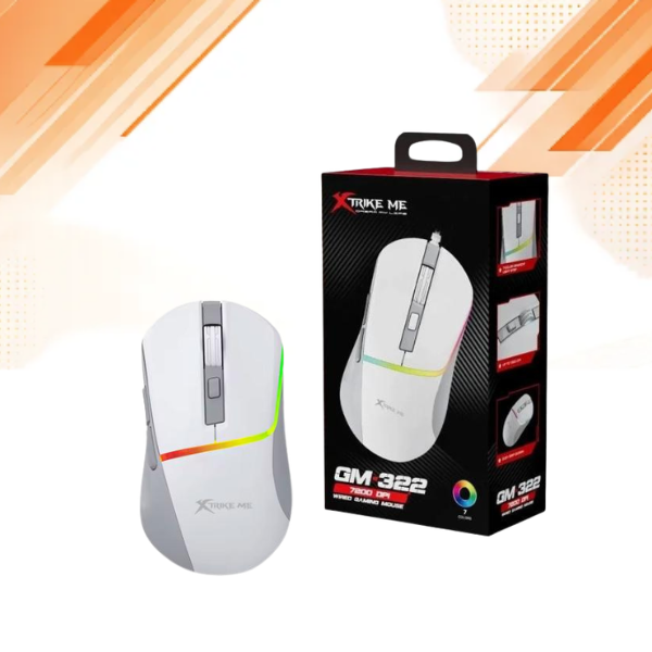 Xtrike Me GM-322 white wired gaming mouse front view with box