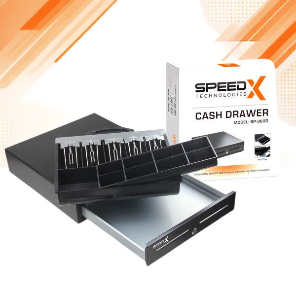 SpeedX Technologies cash drawer model SP-3600 shown open with its drawer partially extended, alongside the product box on a clean white background with orange graphic accents.