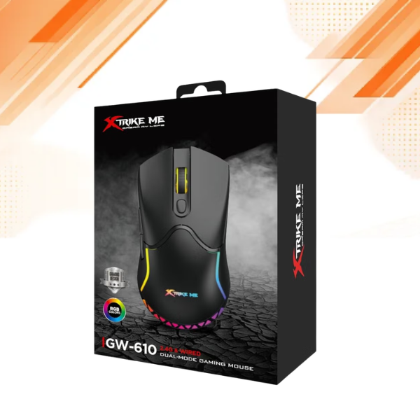 X-Strike Me GW-610 Car & Wired Dual-Mode Gaming Mouse in its retail packaging, shown on a white background with orange graphic accents.