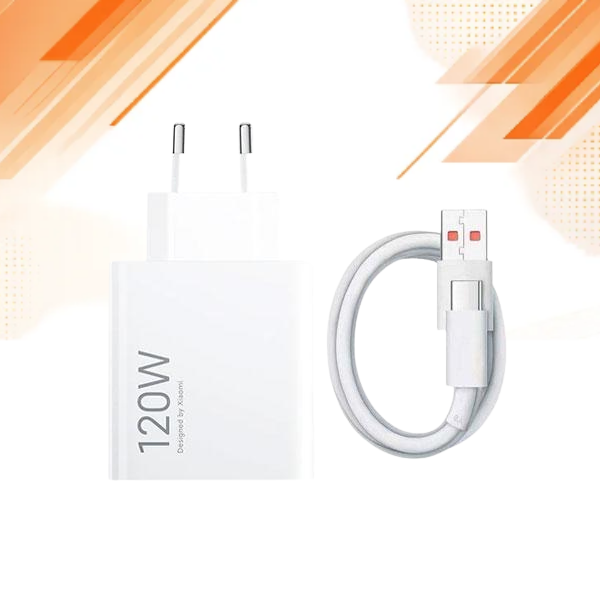 A 120W fast charging wall adapter and a matching white USB-C cable on a clean white background with orange graphic accents.