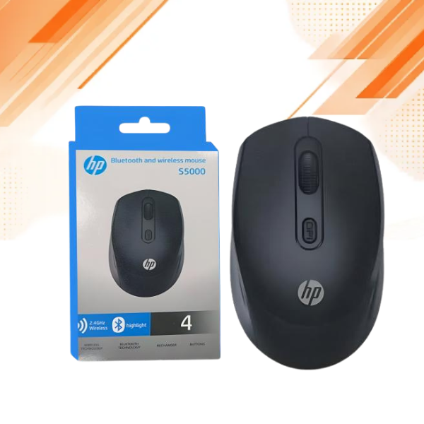 HP S5000 bluetooth wireless mouse front view with its box