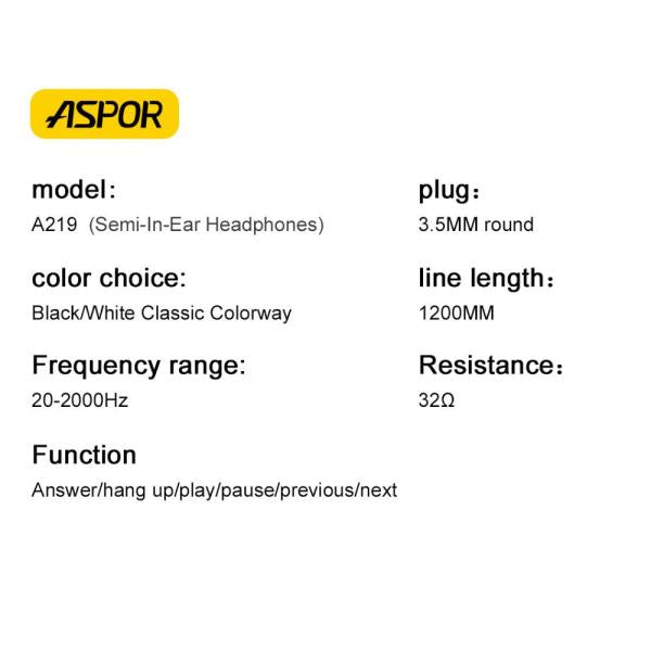 A219 Aspor 3.5mm Earphone/Handfree Universal With High Bass Quality Sound